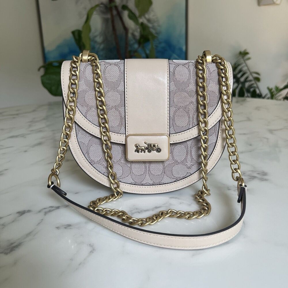 COACH Alie Saddle Bag In Signature Jacquard & Leather Brass Stone Ivory C3464